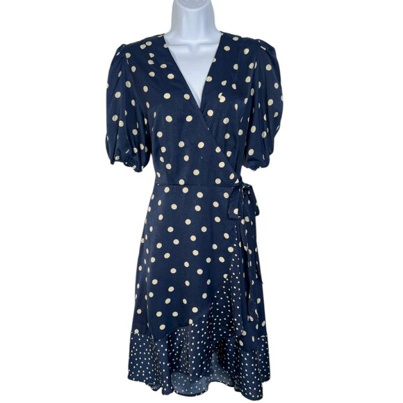 Summersalt Silky Luxe Puff Sleeve Beach to Brunch Wrap Dress Polka Dot Navy 10 - Picture 4 of 12
